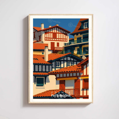 Affiche Pays Basque – Maisons Traditionnelles  - affiche de voyage pays basque