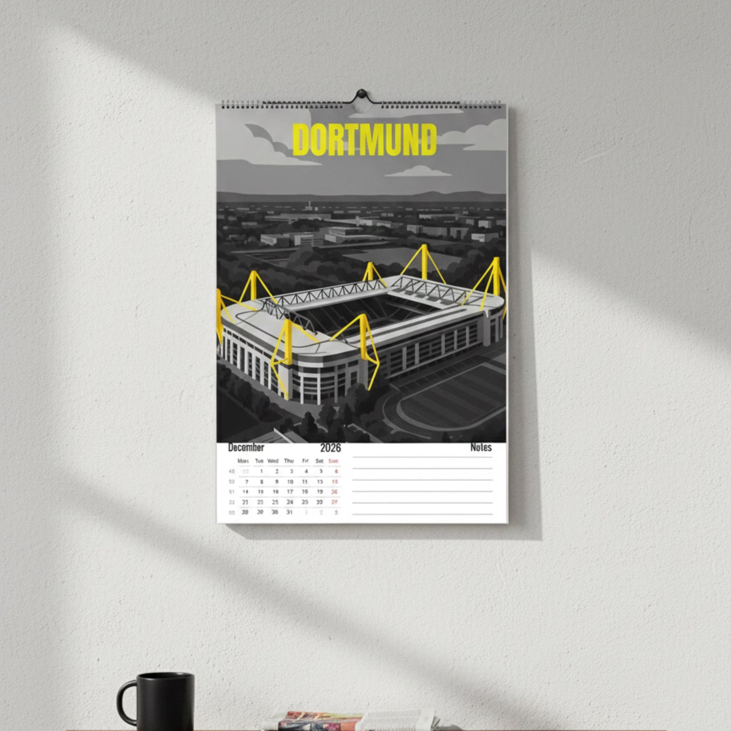 Calendrier 2026 Stades de Football | Illustrations sportives | Calendrier Football | Cadeau fan de football