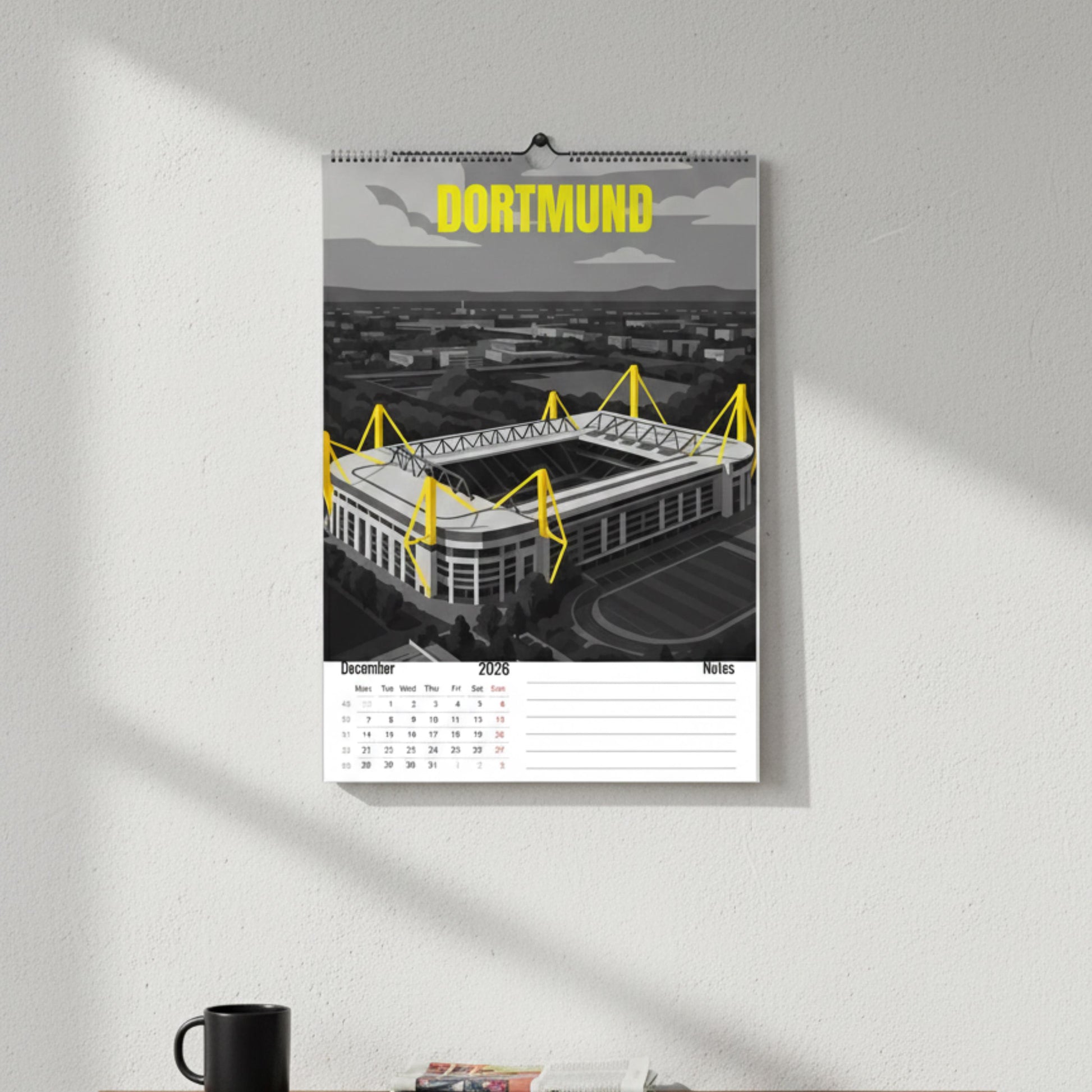 Calendrier 2026 Stades de Football | Illustrations sportives | Calendrier Football | Cadeau fan de football
