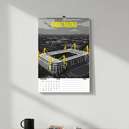 Calendrier 2026 Stades de Football | Illustrations sportives | Calendrier Football | Cadeau fan de football
