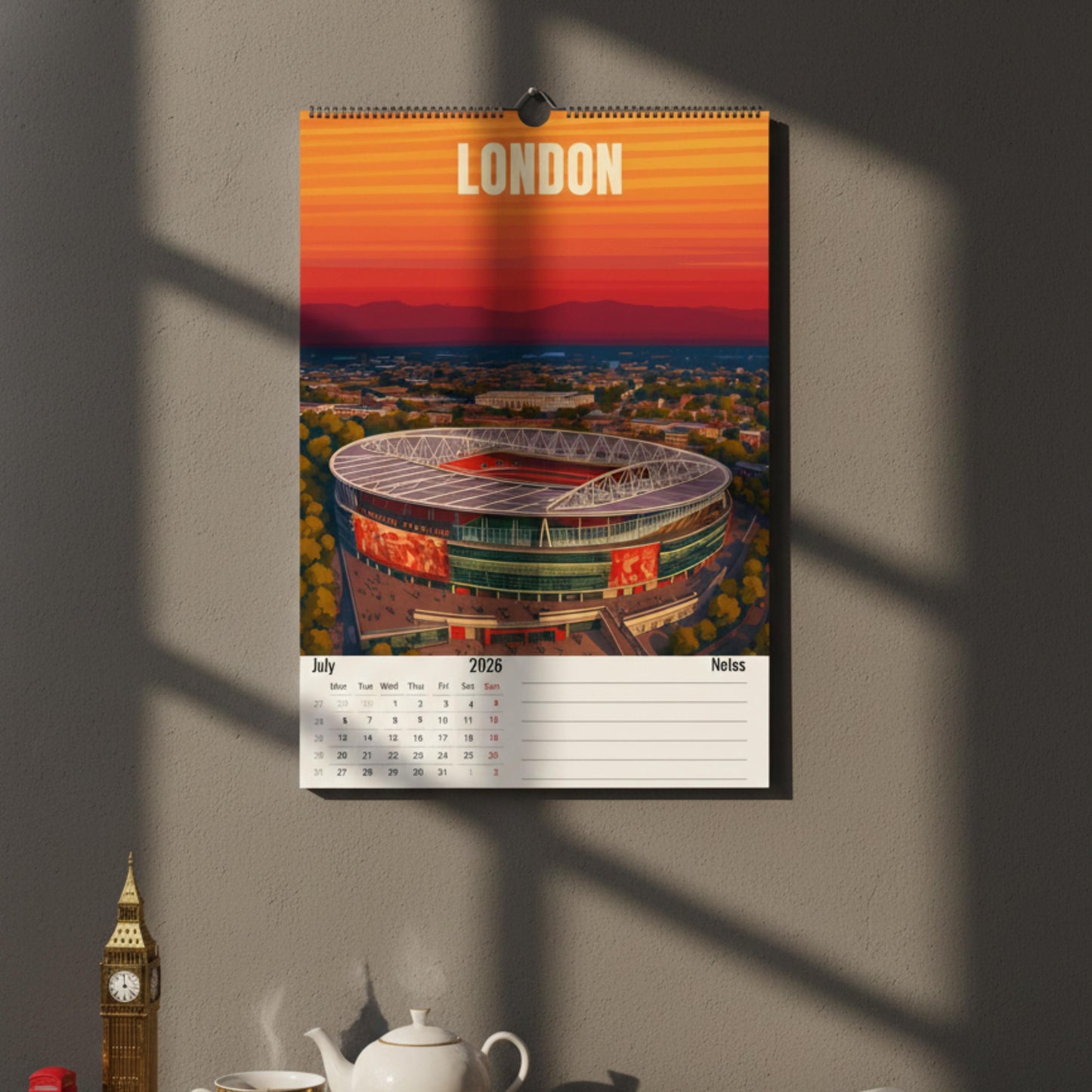 Calendrier 2026 Stades de Football | Illustrations sportives | Calendrier Football | Cadeau fan de football