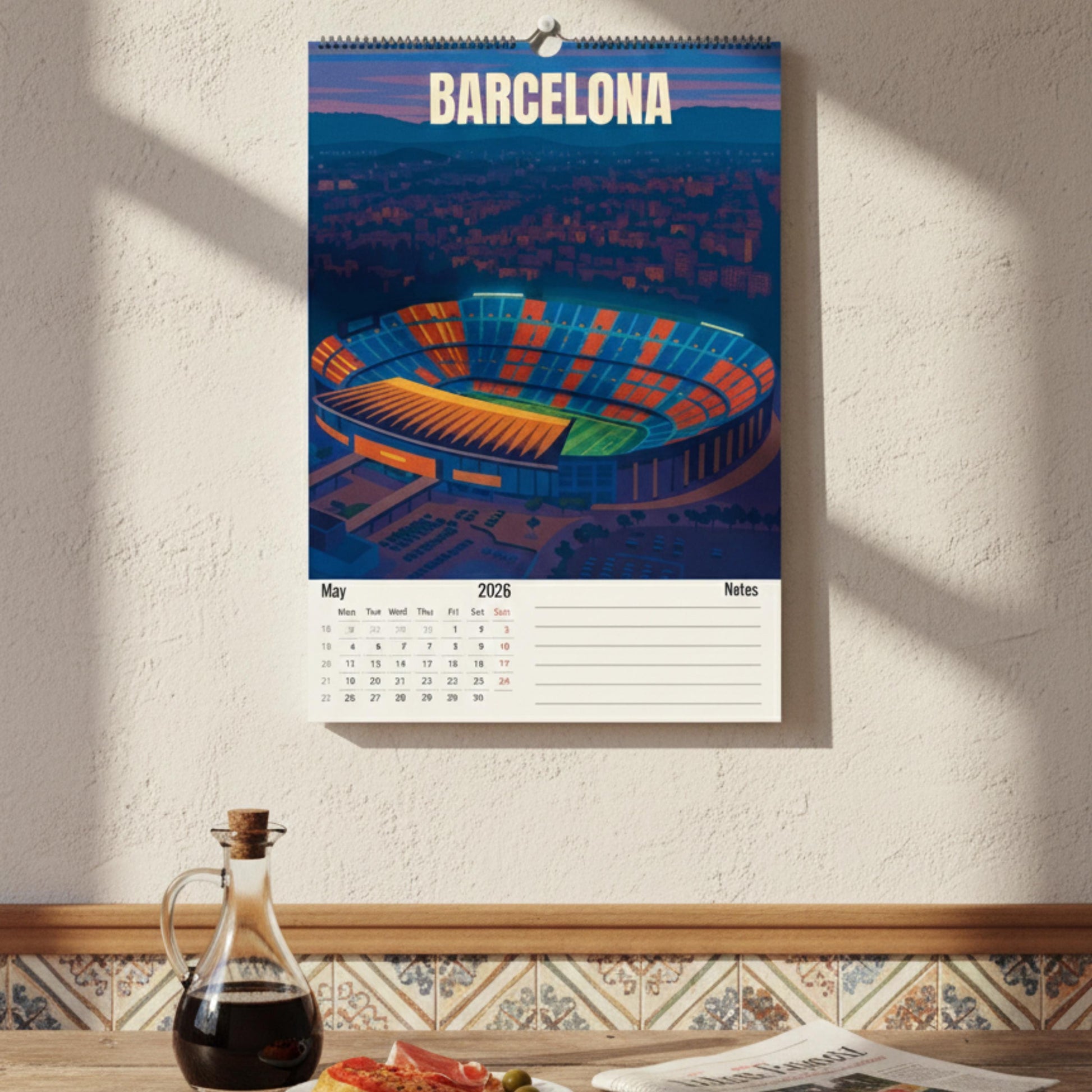Calendrier 2026 Stades de Football | Illustrations sportives | Calendrier Football | Cadeau fan de football