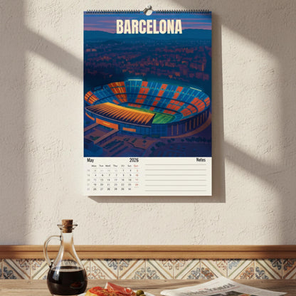 Calendrier 2026 Stades de Football | Illustrations sportives | Calendrier Football | Cadeau fan de football