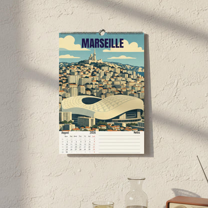 Calendrier 2026 Stades de Football | Illustrations sportives | Calendrier Football | Cadeau fan de football