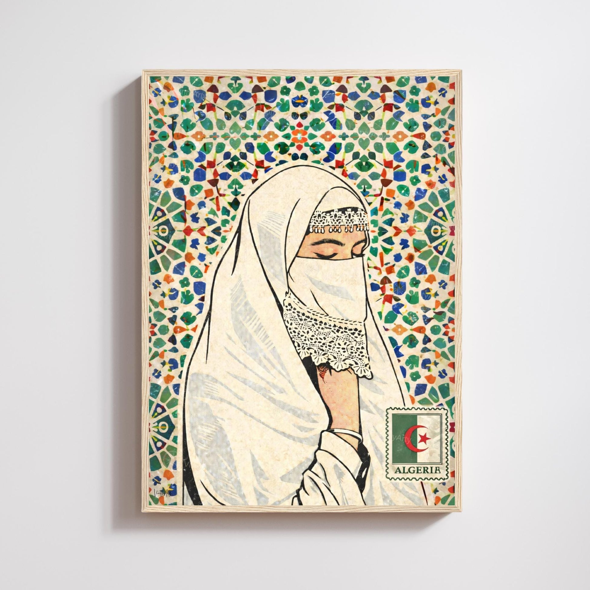Affiche Femme Algérienne – Art Oriental & Zellige – Illustration Murale Algérie – Décoration Culturelle Maghreb – Poster Vintage