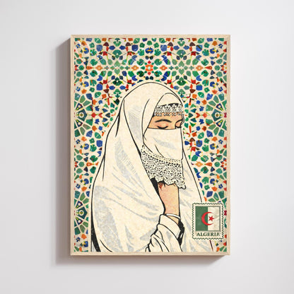 Affiche Femme Algérienne – Art Oriental & Zellige – Illustration Murale Algérie – Décoration Culturelle Maghreb – Poster Vintage