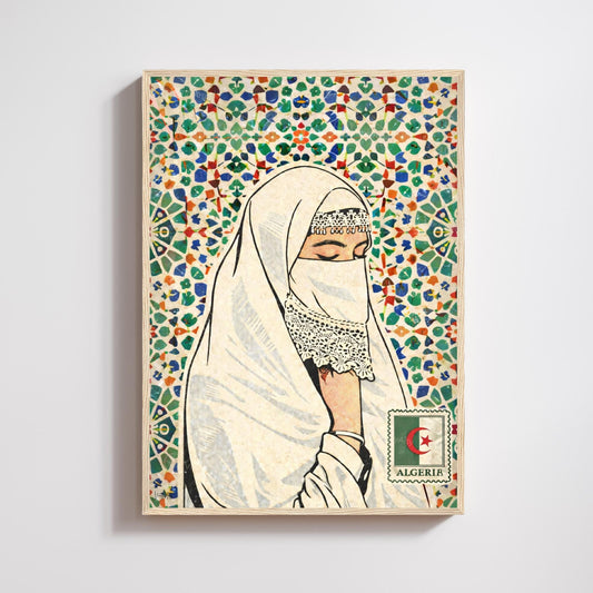 Affiche Femme Algérienne – Art Oriental & Zellige – Illustration Murale Algérie – Décoration Culturelle Maghreb – Poster Vintage
