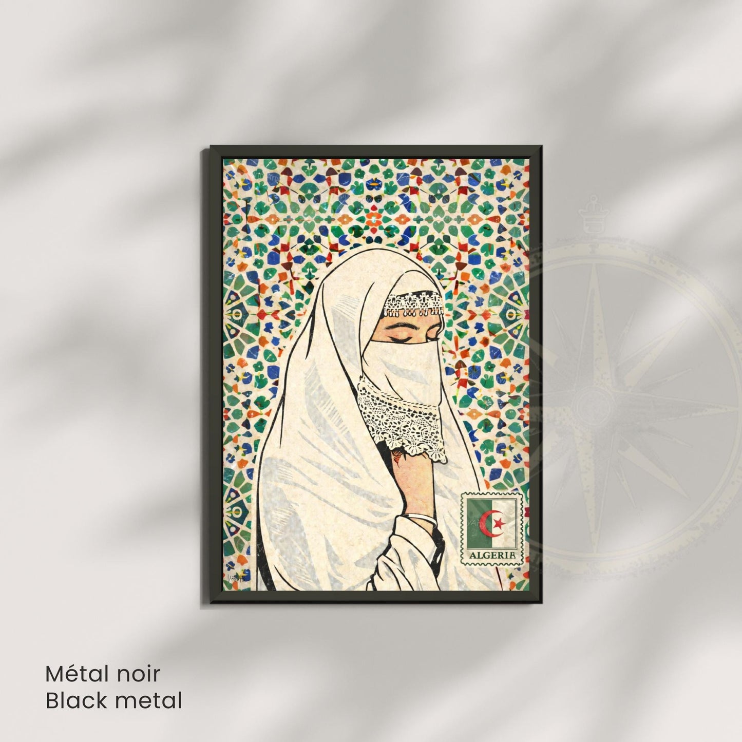 Affiche Femme Algérienne – Art Oriental & Zellige – Illustration Murale Algérie – Décoration Culturelle Maghreb – Poster Vintage