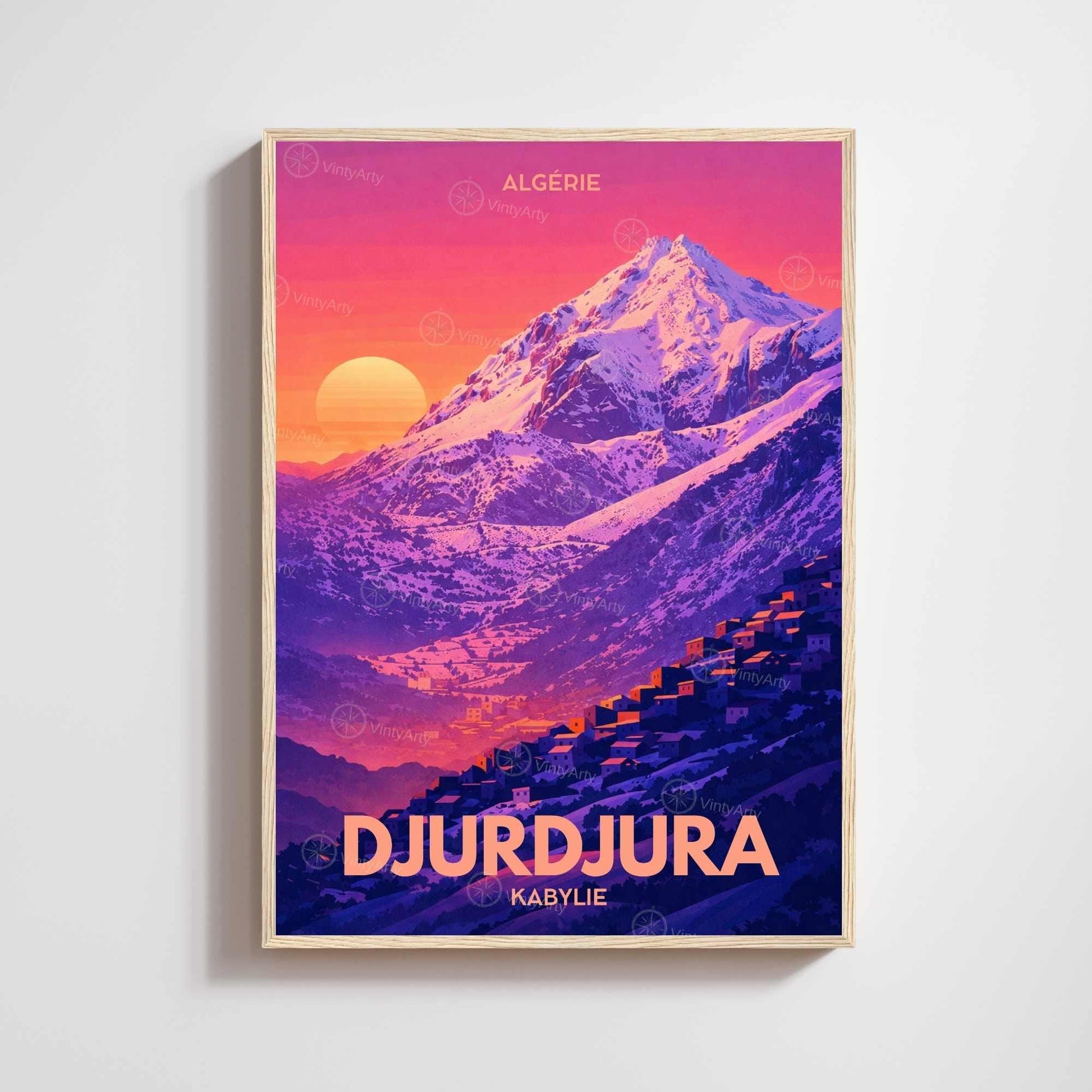 Affiche Djurdjura Kabylie – Poster Montagne Algérie – Illustration Paysage Vintage – Décoration Murale Voyage Nord Africain