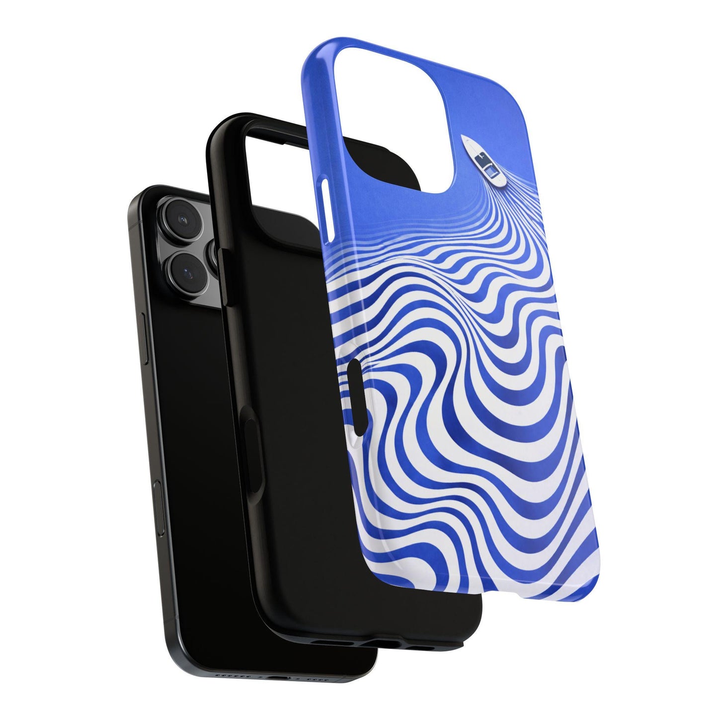 Boat on Wavy Blue Optical Illusion Phone Case | Tough Case