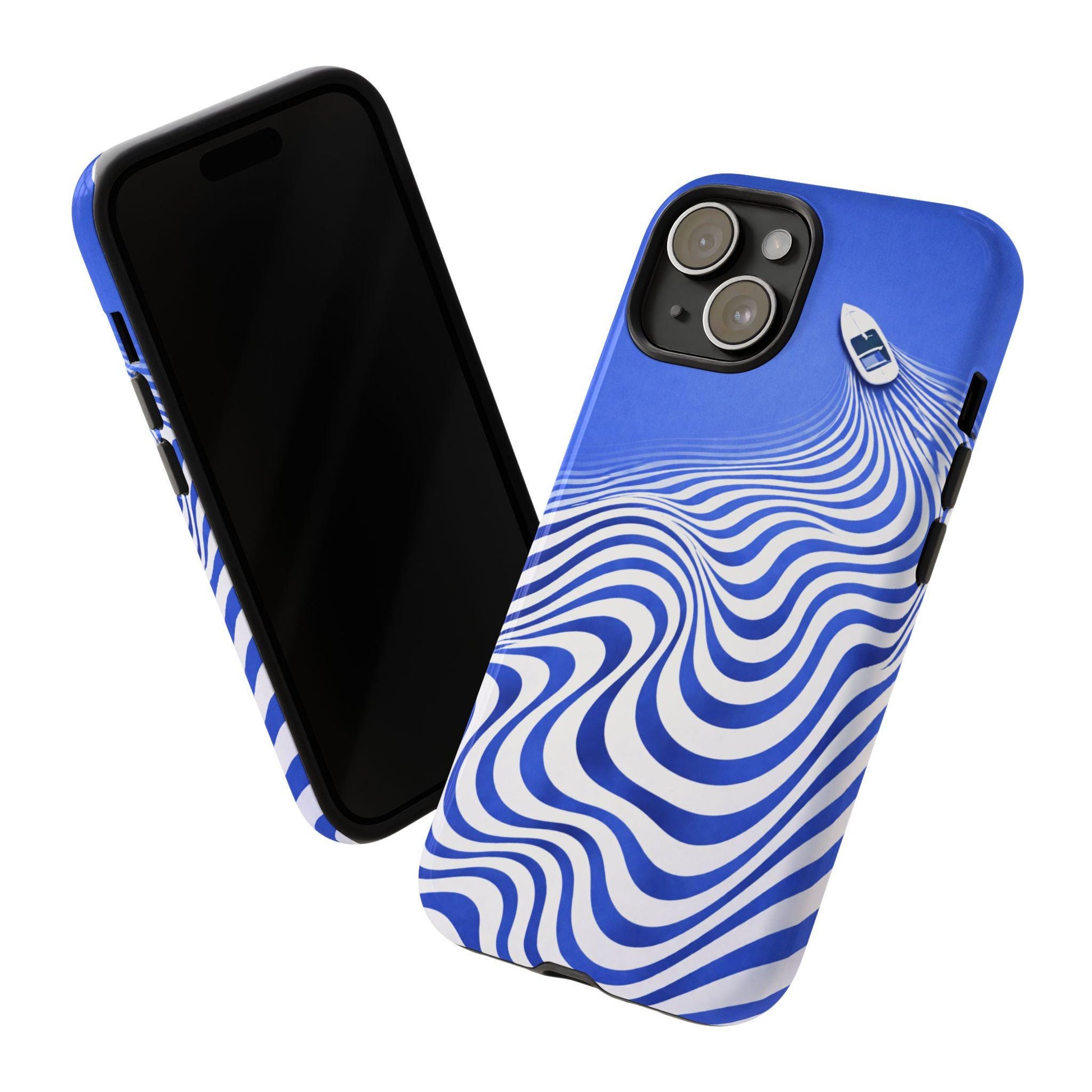 Boat on Wavy Blue Optical Illusion Phone Case | Tough Case