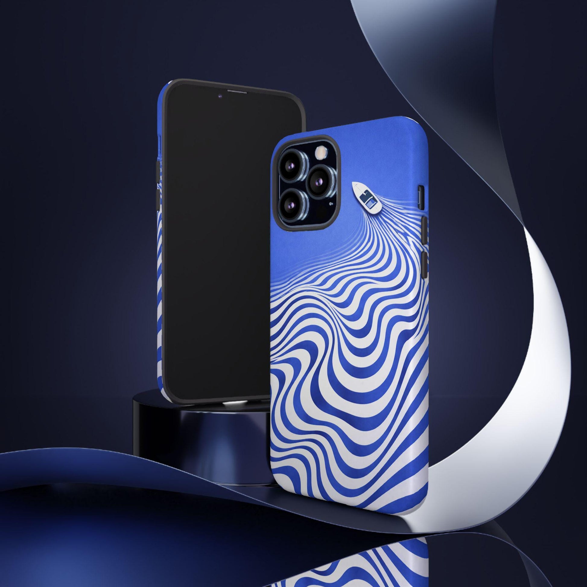 Boat on Wavy Blue Optical Illusion Phone Case | Tough Case