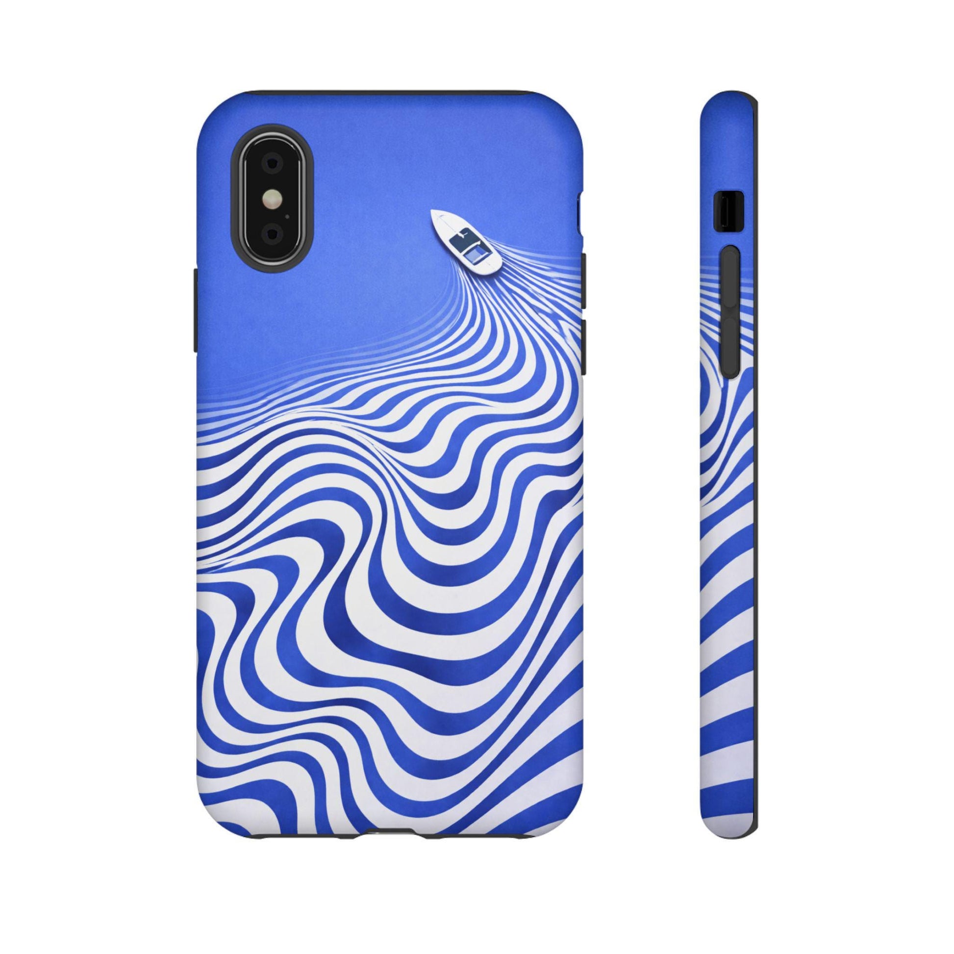 Boat on Wavy Blue Optical Illusion Phone Case | Tough Case