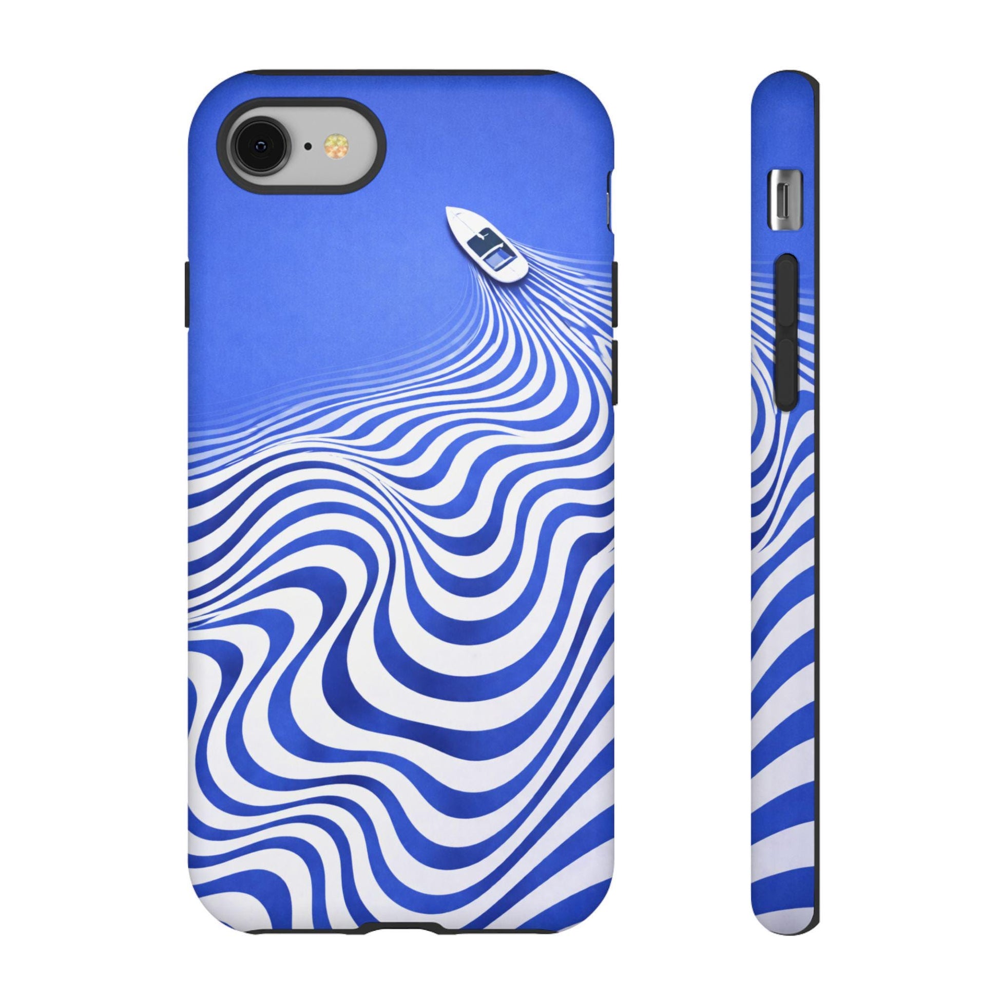 Boat on Wavy Blue Optical Illusion Phone Case | Tough Case