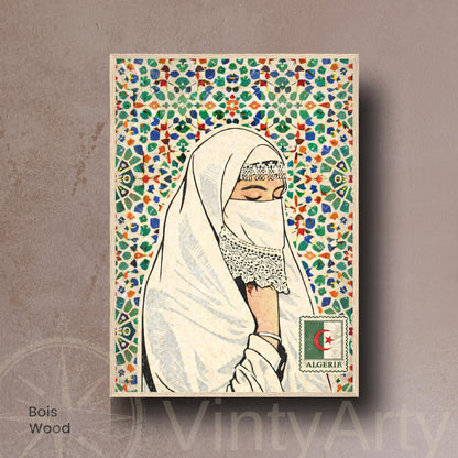 Affiche Femme Algérienne – Art Oriental & Zellige – Illustration Murale Algérie – Décoration Culturelle Maghreb – Poster Vintage