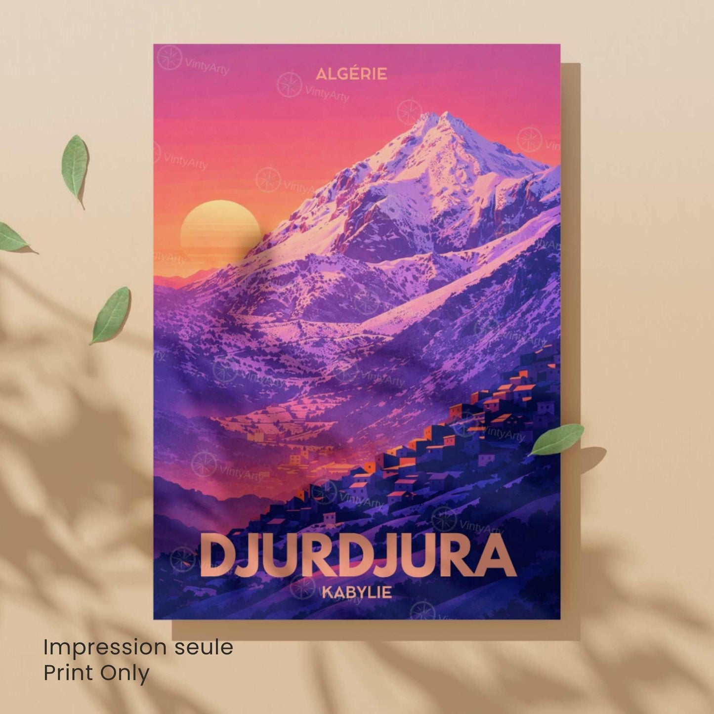 Affiche Djurdjura Kabylie – Poster Montagne Algérie – Illustration Paysage Vintage – Décoration Murale Voyage Nord Africain