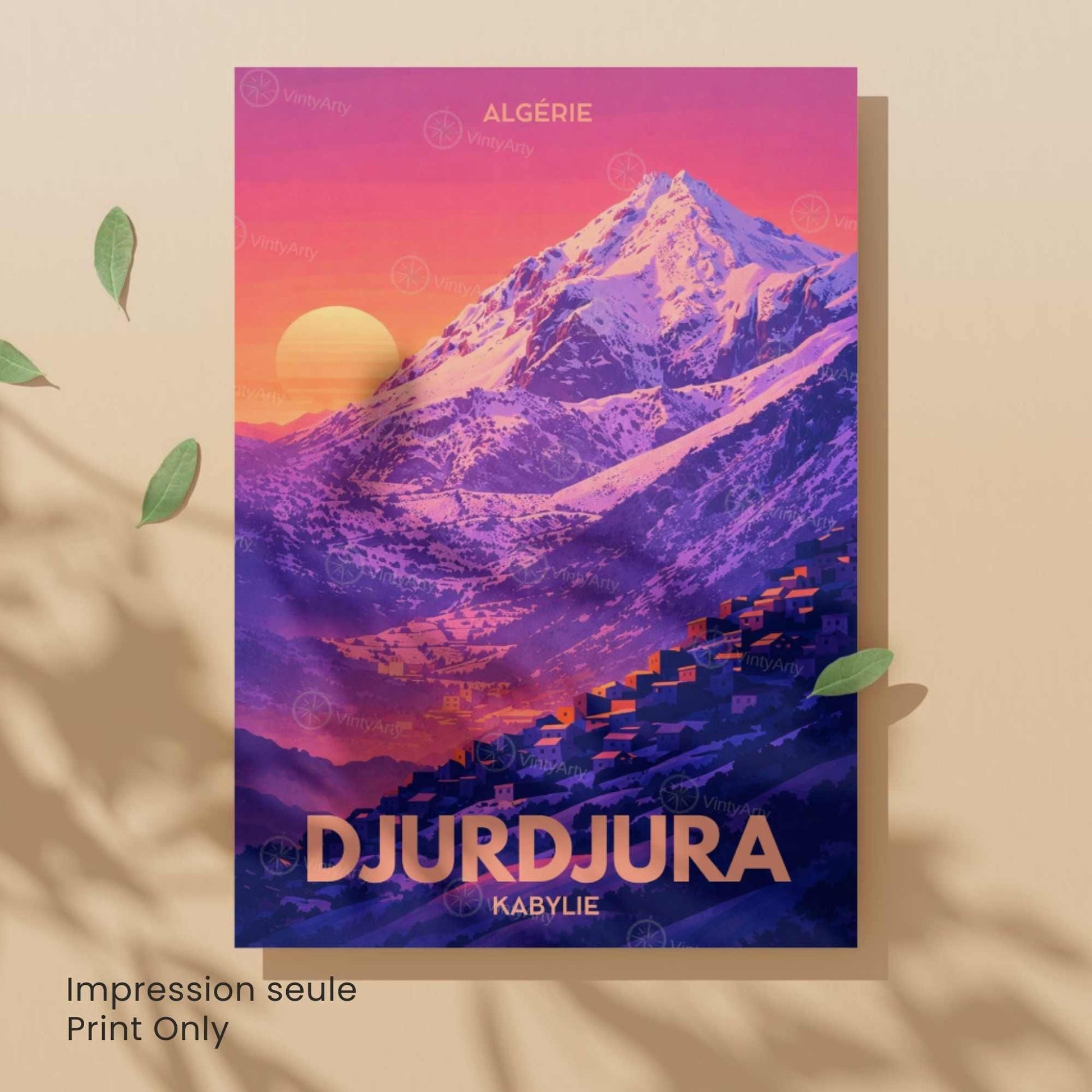Affiche Djurdjura Kabylie – Poster Montagne Algérie – Illustration Paysage Vintage – Décoration Murale Voyage Nord Africain