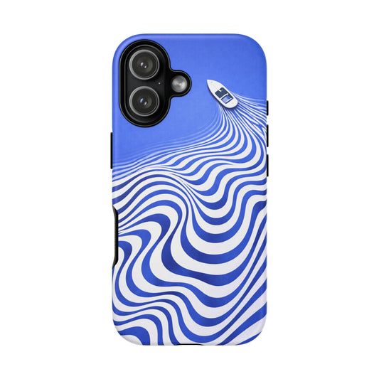 Boat on Wavy Blue Optical Illusion Phone Case | Tough Case