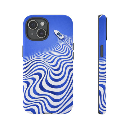 Boat on Wavy Blue Optical Illusion Phone Case | Tough Case