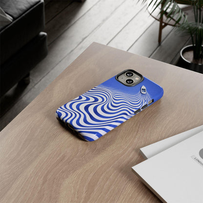 Boat on Wavy Blue Optical Illusion Phone Case | Tough Case