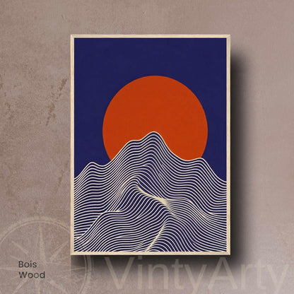Affiche Soleil & Montagne | Poster Japonais Minimaliste | Art Mural Bleu Marine Terracotta | Impression Mat 200g | Avec ou Sans Cadre