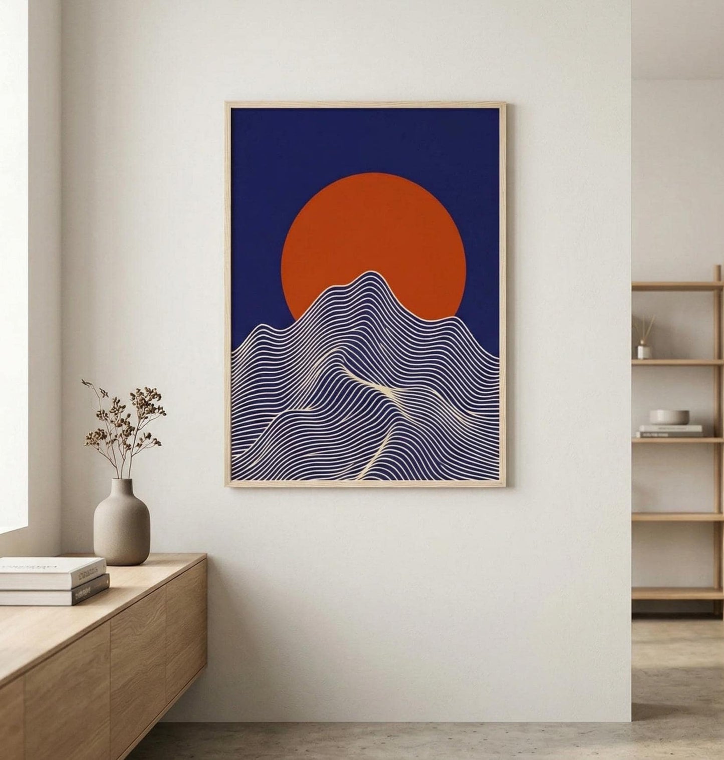 Affiche Soleil & Montagne | Poster Japonais Minimaliste | Art Mural Bleu Marine Terracotta | Impression Mat 200g | Avec ou Sans Cadre