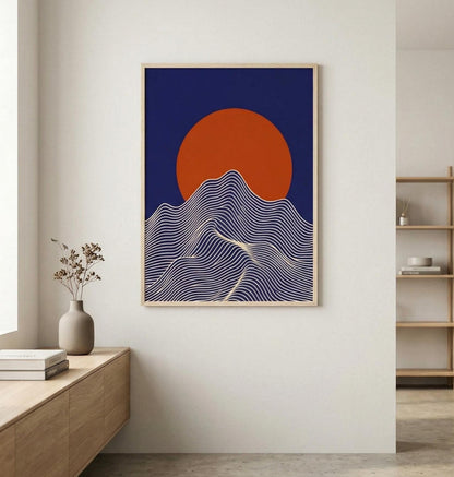 Affiche Soleil & Montagne | Poster Japonais Minimaliste | Art Mural Bleu Marine Terracotta | Impression Mat 200g | Avec ou Sans Cadre