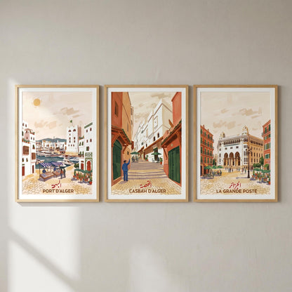 Set de 3 affiches Alger — Casbah, Port, Grande Poste