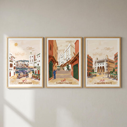 Set de 3 affiches Alger — Casbah, Port, Grande Poste