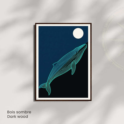 Affiche baleine bleue nuit — illustration marine minimaliste ligne