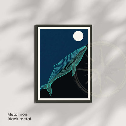 Affiche baleine bleue nuit — illustration marine minimaliste ligne