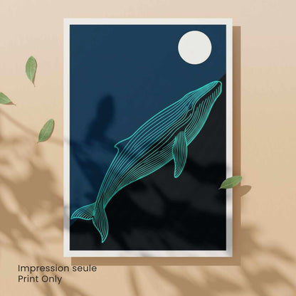 Affiche baleine bleue nuit — illustration marine minimaliste ligne