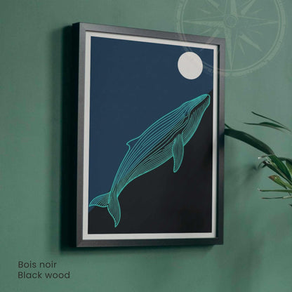 Affiche baleine bleue nuit — illustration marine minimaliste ligne