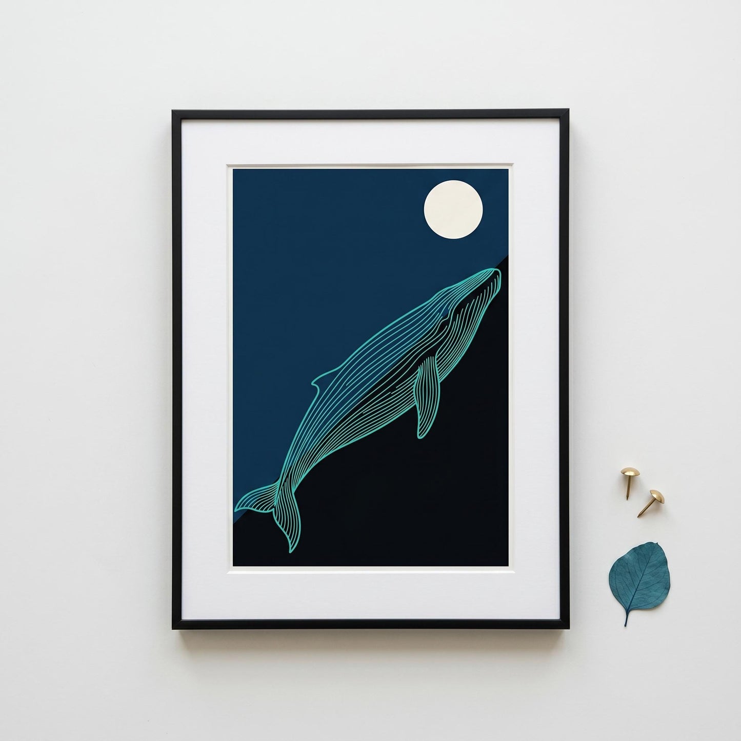 Affiche baleine bleue nuit — illustration marine minimaliste ligne