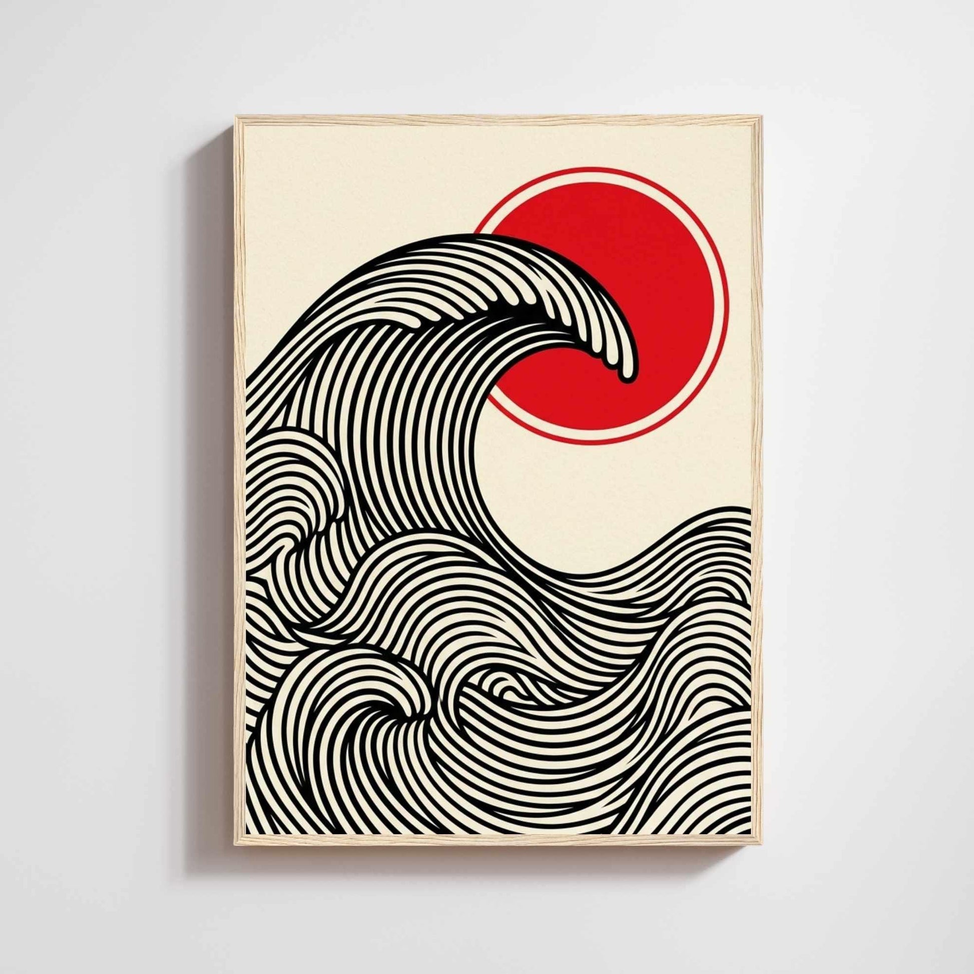 Affiche vague japonaise rouge et noir — art mural zen minimaliste