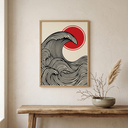 Affiche vague japonaise rouge et noir — art mural zen minimaliste