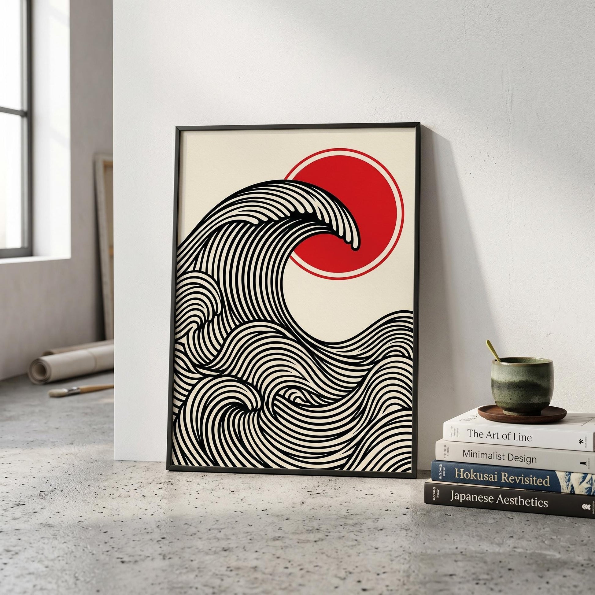 Japanese Wave Print — Red Sun Black Line Art Minimalist Poster