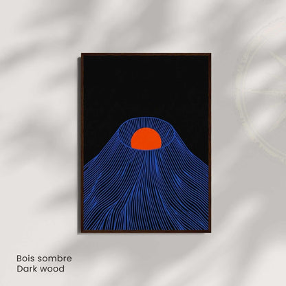 Affiche montagne japonaise soleil rouge — art mural japandi fond noir