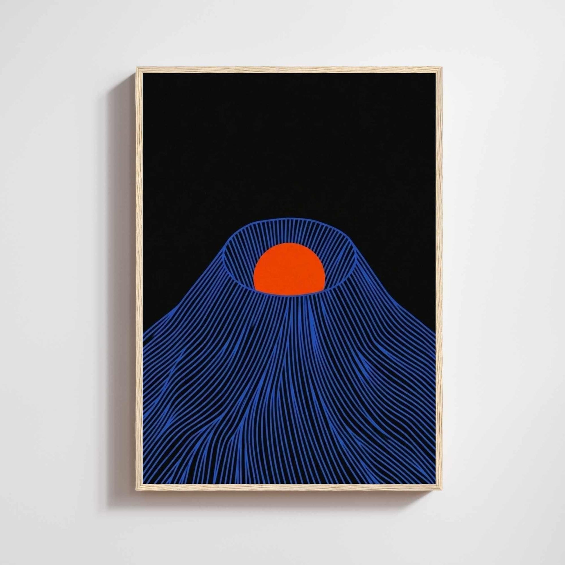 Japanese mountain print with red sun, 
blue line art on black background, 
japandi minimalist wall decor