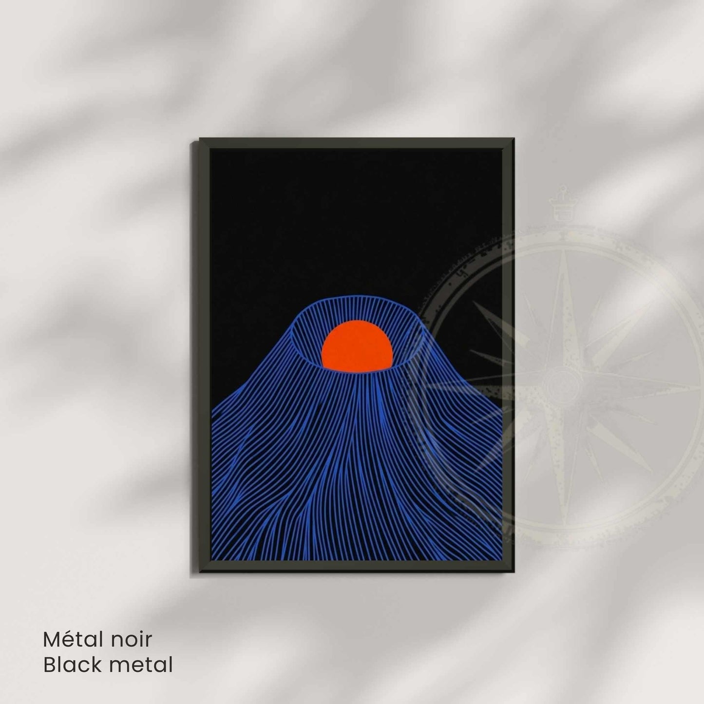 Affiche montagne japonaise soleil rouge — art mural japandi fond noir