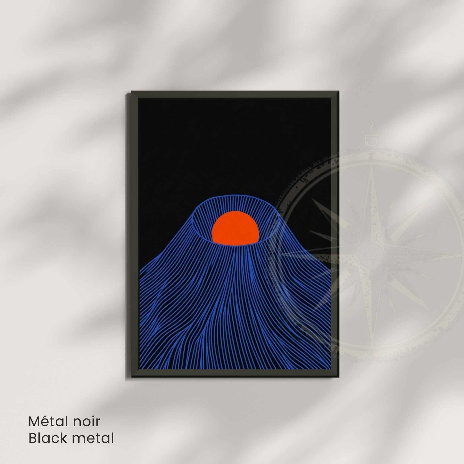 Affiche montagne japonaise soleil rouge — art mural japandi fond noir