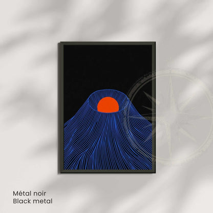 Affiche montagne japonaise soleil rouge — art mural japandi fond noir
