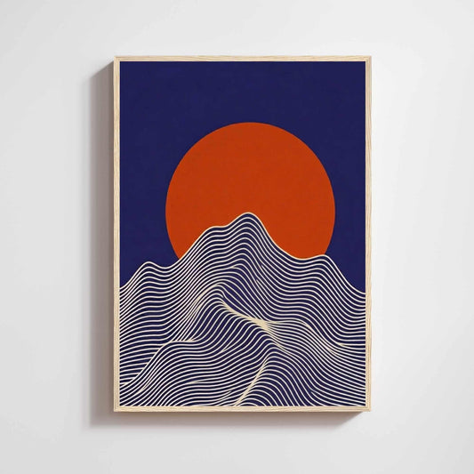 Mountain Sun Wall Art | Japanese Minimalist Poster | Navy Blue Terracotta Print | Premium Matte 200g | Framed or Unframed