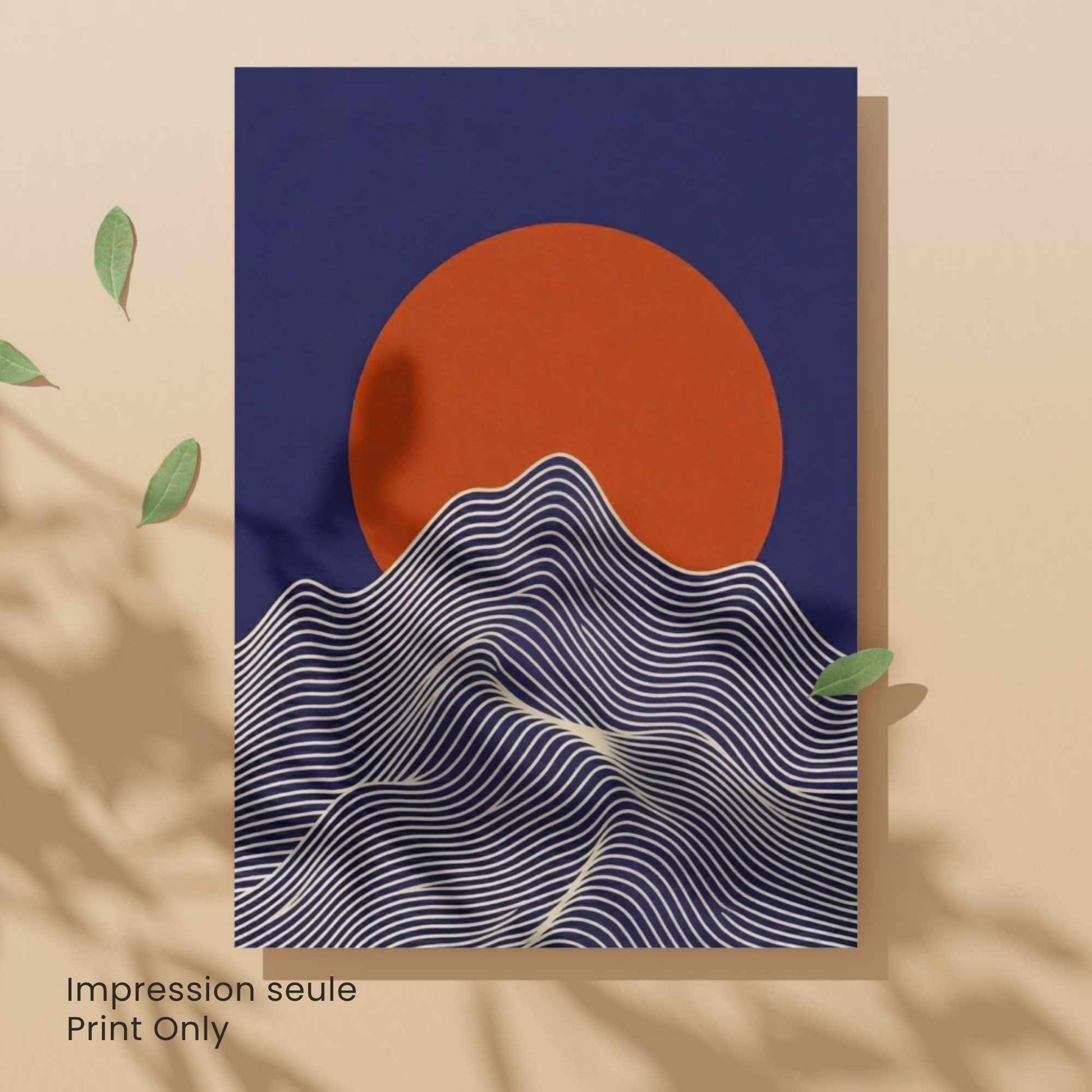 Affiche Soleil & Montagne | Poster Japonais Minimaliste | Art Mural Bleu Marine Terracotta | Impression Mat 200g | Avec ou Sans Cadre