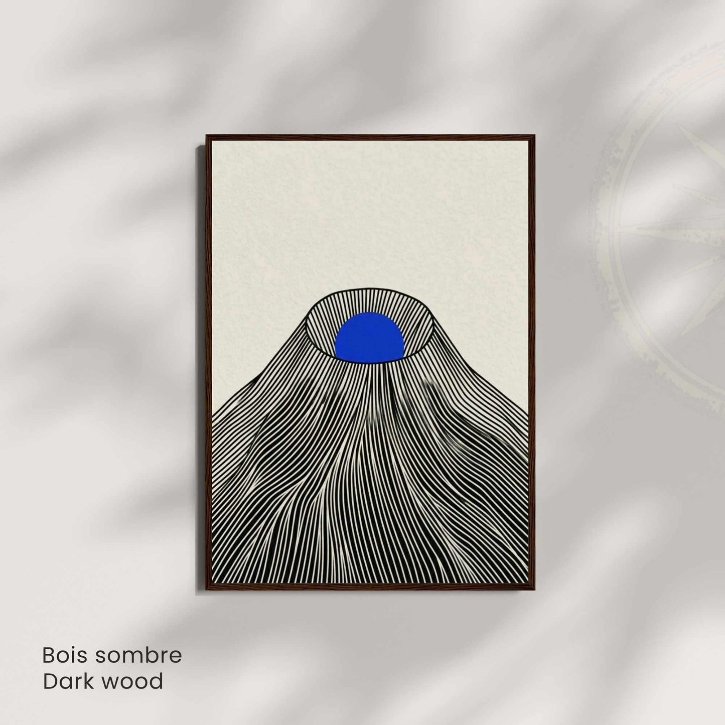 Affiche montagne japonaise soleil bleu — art mural japandi fond crème