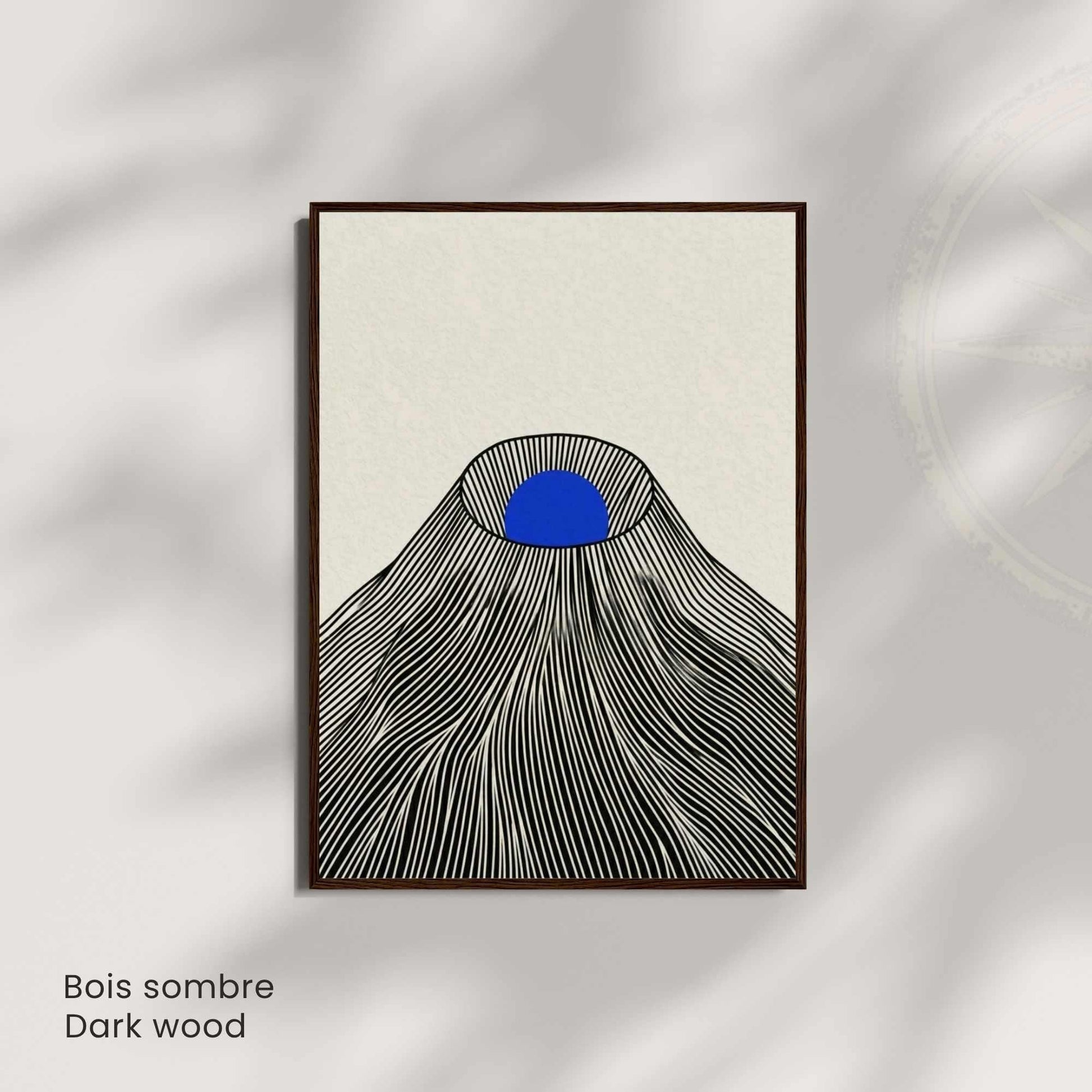 Affiche montagne japonaise soleil bleu — art mural japandi fond crème