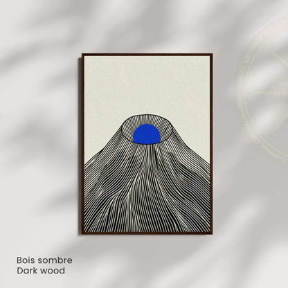 Affiche montagne japonaise soleil bleu — art mural japandi fond crème
