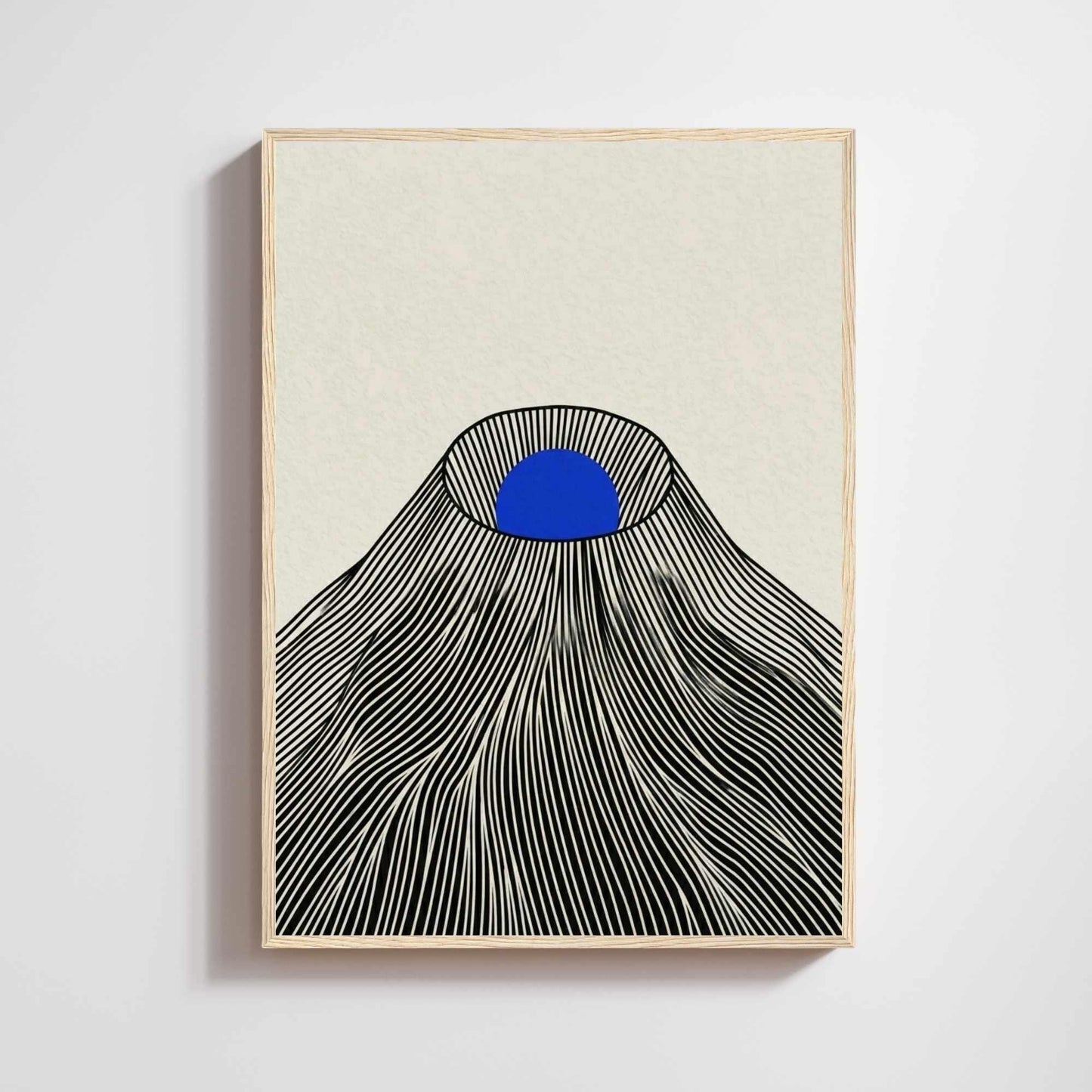 Japanese mountain print blue sun, black line art on cream background, japandi minimalist wall decor