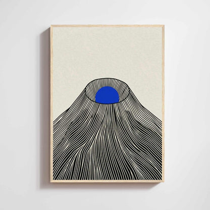Japanese mountain print blue sun, black line art on cream background, japandi minimalist wall decor