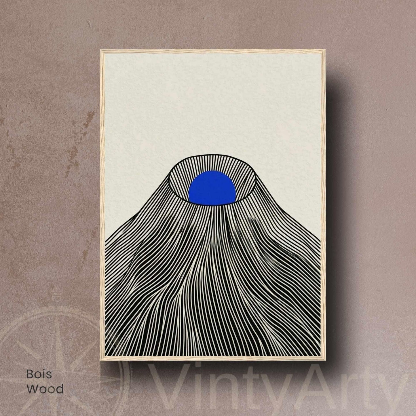 Affiche montagne japonaise soleil bleu — art mural japandi fond crème